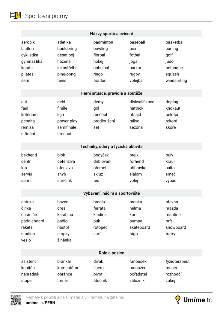 Sportovní pojmy: seznam slov