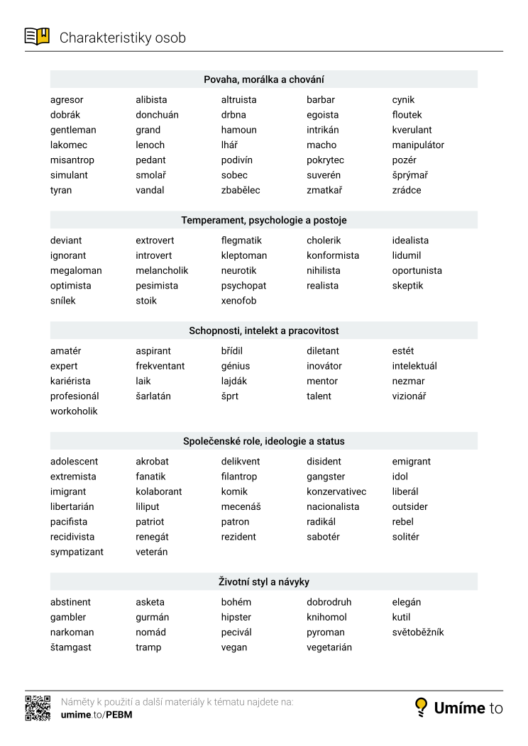 Charakteristiky osob: seznam slov