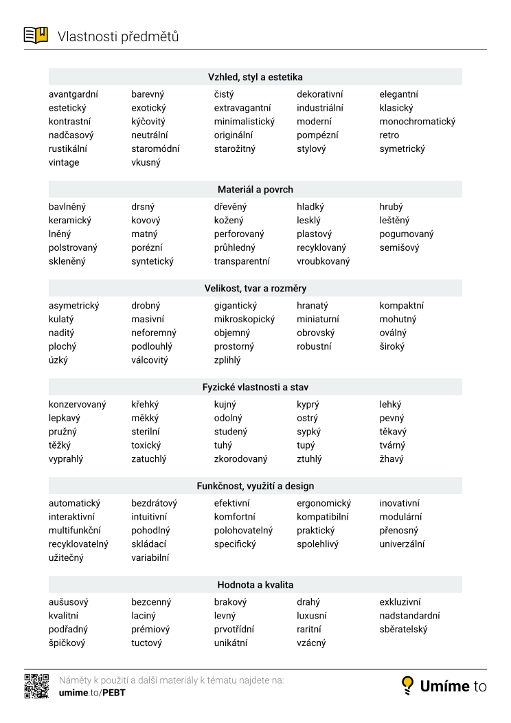 Vlastnosti a popisy předmětů: seznam slov