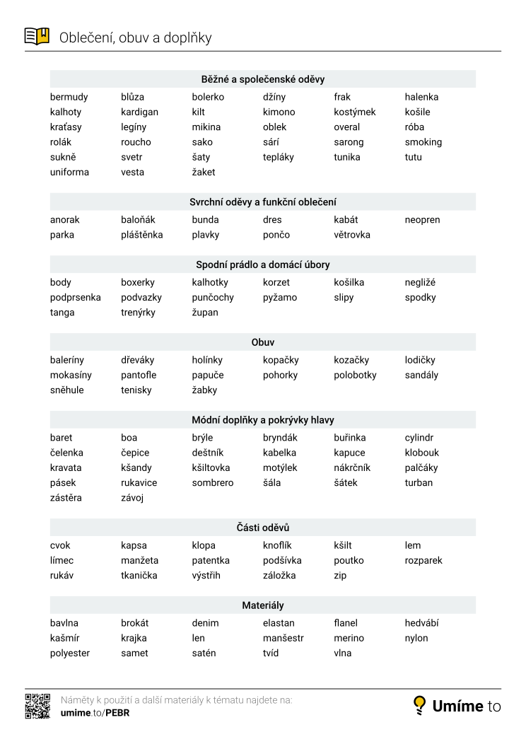 Oblečení, obuv a doplňky: seznam slov